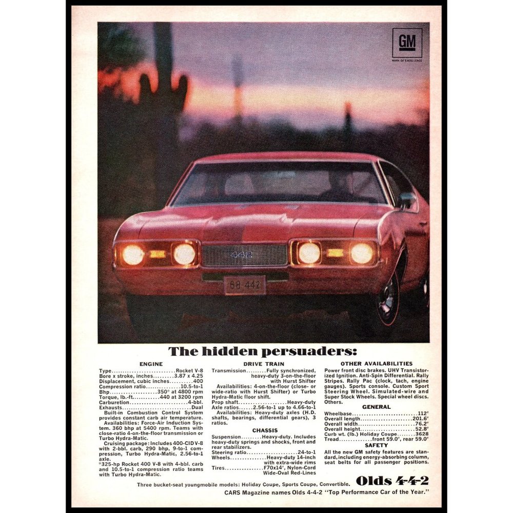 1968 Oldsmobile 4-4-2 Coupe Muscle Car Vintage Print Ad Cactus Desert Wall Art